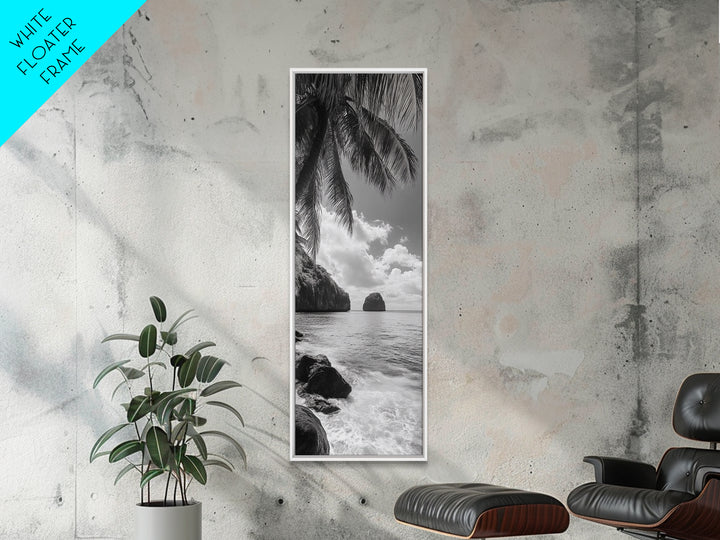 Island View, Palm Shoreline, Tropical Escape, Framed Canvas Print, Beach House Wall Art, Coastal Summer Decor, Zen Ocean Aesthetic