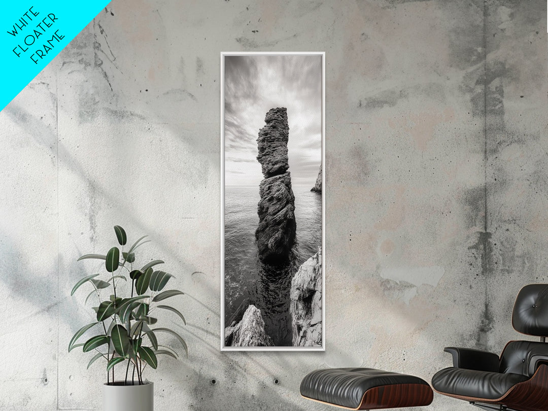 Coastal Rock, Ocean Tower, Nature Photography, Framed Canvas Print, Minimalist Wall Decor, Living Room Wall Art, Black and White Seascape