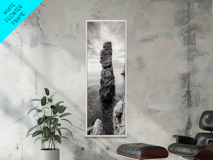 Coastal Rock, Ocean Tower, Nature Photography, Framed Canvas Print, Minimalist Wall Decor, Living Room Wall Art, Black and White Seascape