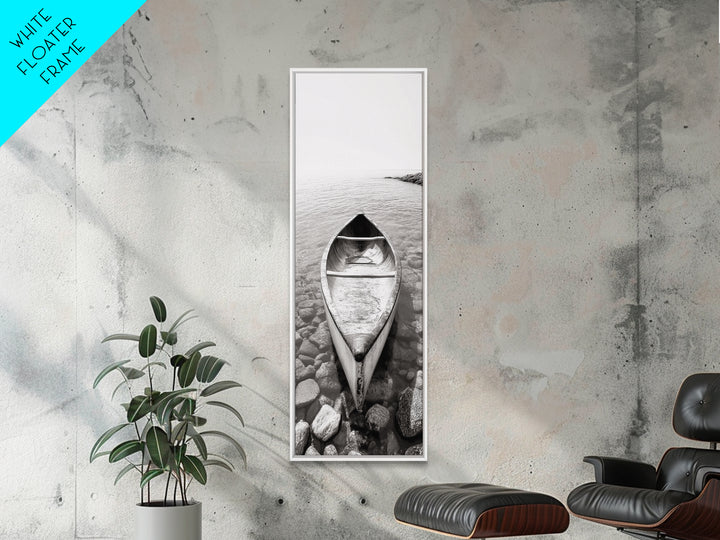 Rowboat Stillness, Peaceful Waters, Lake Canoe, Canvas Print, Entryway Wall Art, Minimalist Home Decor, Black and White Photography
