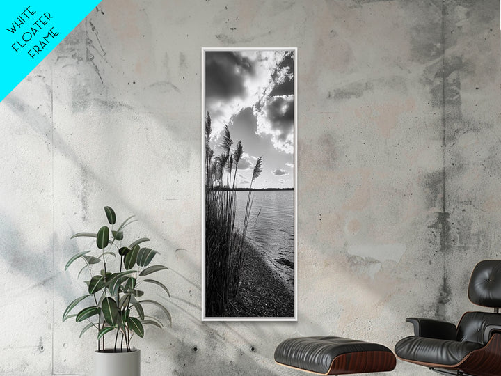 Reeds at Sunset, Lake Shoreline, Tranquil Water, Framed Canvas Print, Entryway Wall Art, Autumn Decor, Natural Photography, Neutral Tones