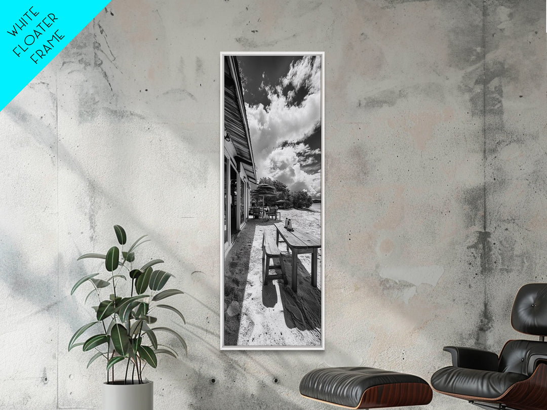 Beach Café Table, Seaside Dining, Rustic Seating, Tropical Getaway, Framed Canvas Print, Kitchen Wall Art, Coastal Rustic Aesthetic