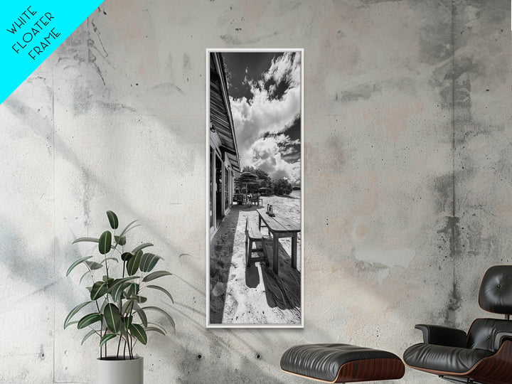 Beach Café Table, Seaside Dining, Rustic Seating, Tropical Getaway, Framed Canvas Print, Kitchen Wall Art, Coastal Rustic Aesthetic