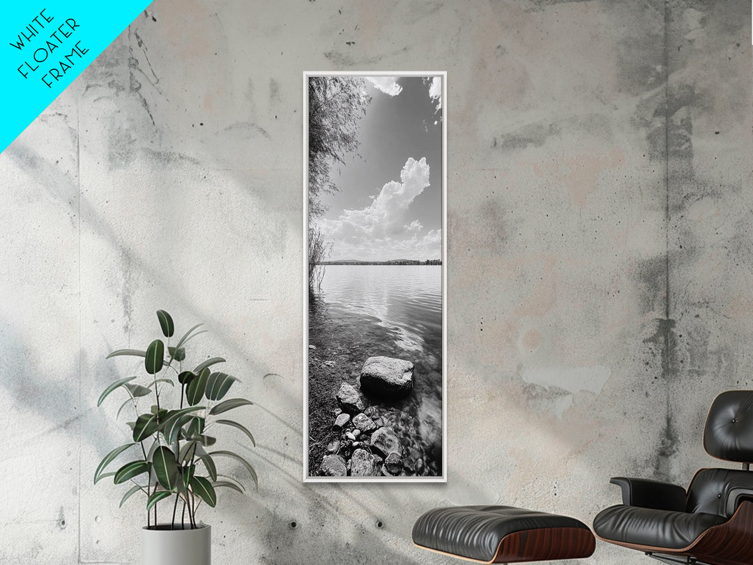 Peaceful Lake, Cloud Reflection, Shoreline Stones, Framed Canvas Print, Guest Room Wall Art, Nature Inspired Decor, Minimalist Landscape