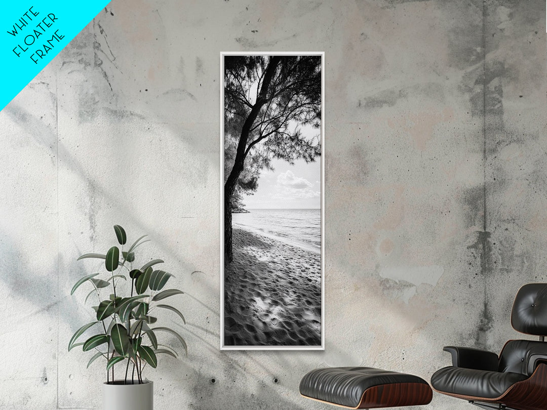 Coastal Tree Shade, Beach Sand Path, Seaside Serenity, Nature Retreat, Framed Canvas Print, Bathroom Wall Art, Neutral Tones, Calm Ocean Art