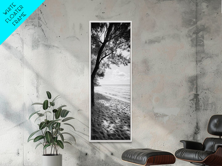 Coastal Tree Shade, Beach Sand Path, Seaside Serenity, Nature Retreat, Framed Canvas Print, Bathroom Wall Art, Neutral Tones, Calm Ocean Art