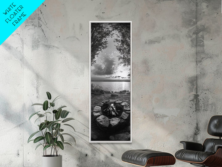 Campfire Sunset, Autumn Gathering, Fireside Evening, Lake Horizon, Framed Canvas Print, Fall Decor, Cabin Living Room Wall Art, Nature Lodge Print