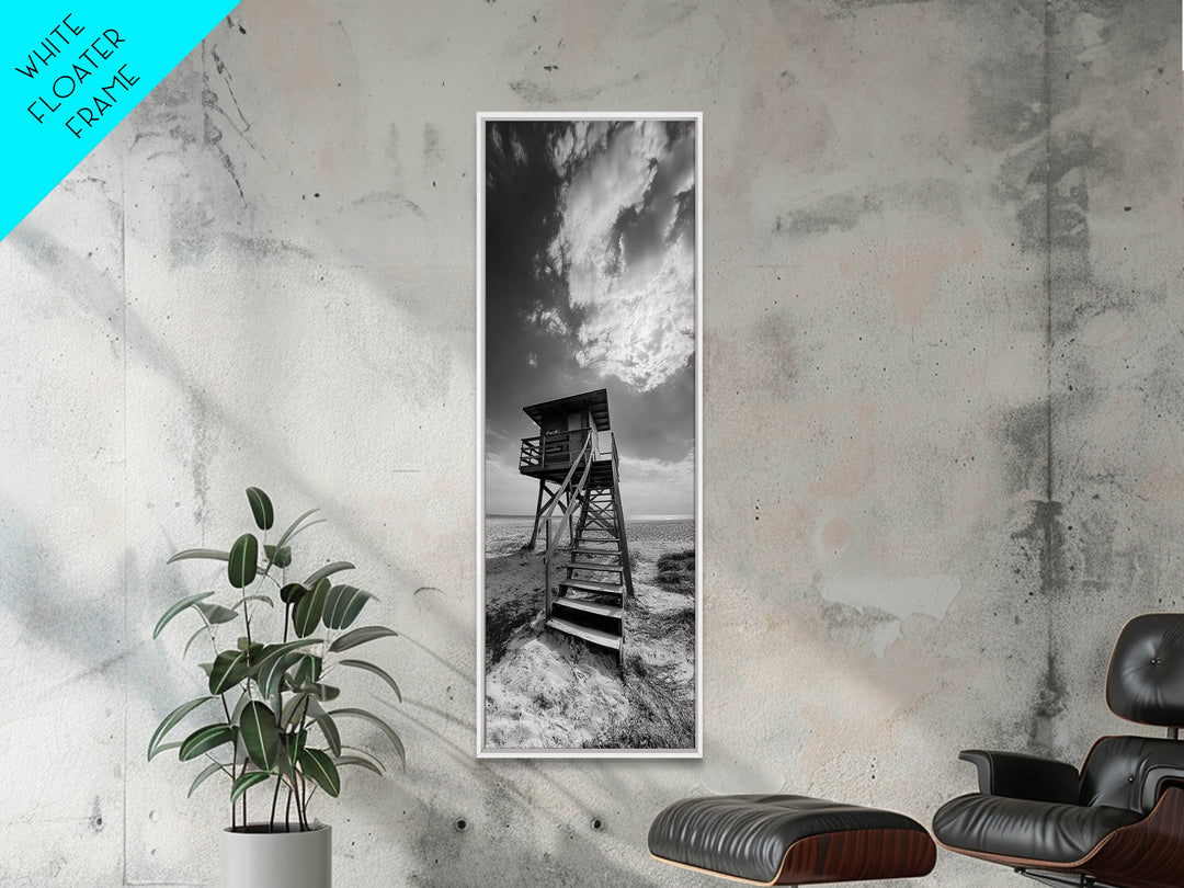 Lifeguard Tower, Beach Vibes, Ocean Escape, Dramatic Sky, Framed Canvas Print, Surf Shack Decor, Coastal Bedroom Wall Art, Minimal Beach Art