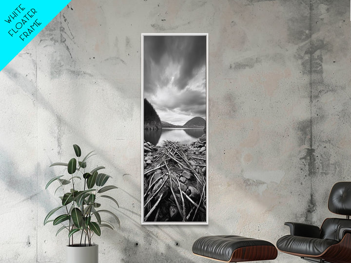 Lake Driftwood, Mountain Lake, Nature Reflection, Rugged Shoreline, Framed Canvas Print, Cabin Wall Art, Autumn Nature Photography Style