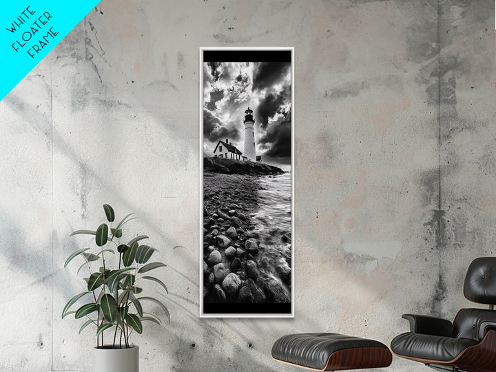 Lighthouse Drama, Coastal Storm, Rocky Shoreline Scene, Moody Ocean Sky, Framed Canvas Print, Nautical Living Room Wall Art, Black White Art