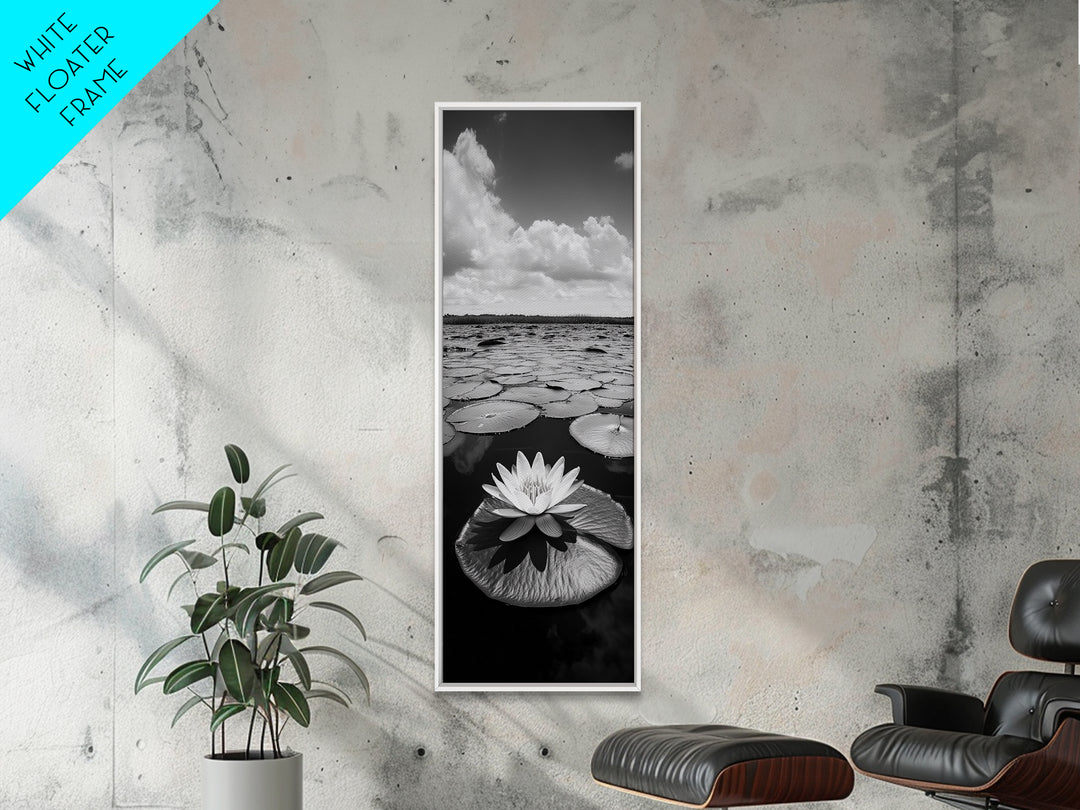 Water Lily Bloom, Lake Flowers, Lotus Petals, Peaceful Reflections, Botanical Art Framed Canvas Print, Spa Room Floral Wall Decor