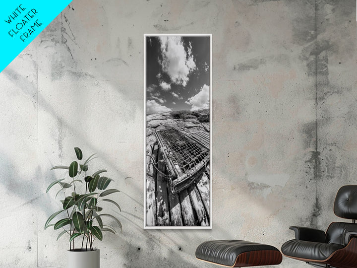 Weathered Trap, Lobster Fishing, Coastal Netting, Ocean Life, Rustic Seaside Framed Canvas Print, Beach House Nautical Wall Art