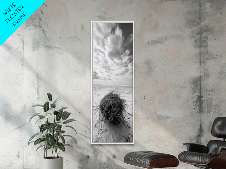 Beach Tumbleweed, Windy Dune, Coastal Drift, Seaside Simplicity, Monochrome Shoreline Framed Canvas Print, Bathroom Beach Wall Decor