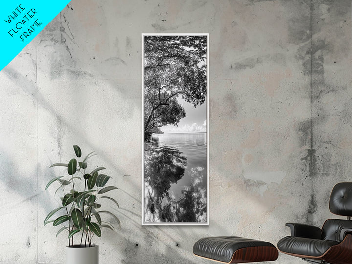 Mangrove Shoreline, Tree Reflections, Still Waters, Tranquil Escape, Black White Nature Framed Canvas Print, Zen Wall Art Entryway Decor