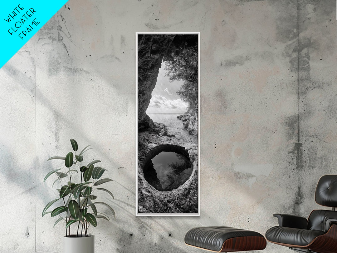 Ocean Cave, Coastal View, Natural Tide Pool, Canvas Print, Bathroom Wall Art, Seaside Decor, Minimalist Landscape, Black and White Art