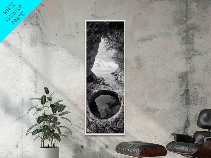 Ocean Cave, Coastal View, Natural Tide Pool, Canvas Print, Bathroom Wall Art, Seaside Decor, Minimalist Landscape, Black and White Art