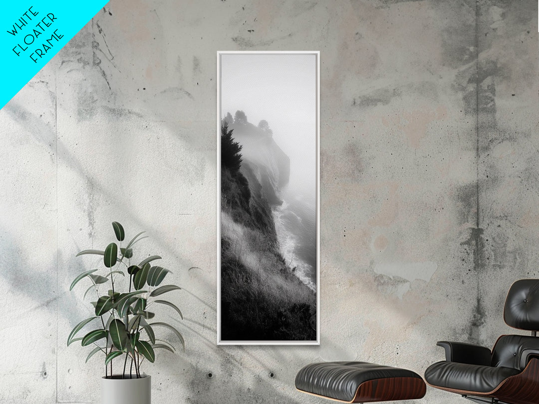 Cliffside Fog, Coastal Mist, Ocean Overlook, Framed Canvas Print, Living Room Wall Art, Monochrome Decor, Moody Landscape, Minimalist Home
