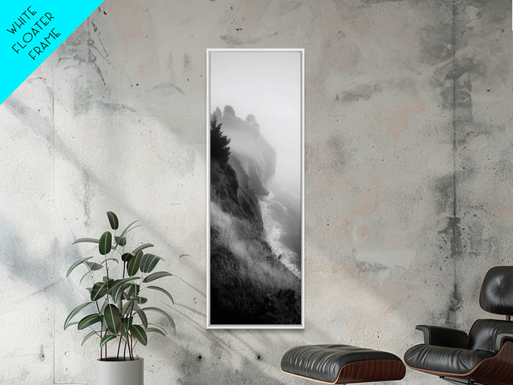 Cliffside Fog, Coastal Mist, Ocean Overlook, Framed Canvas Print, Living Room Wall Art, Monochrome Decor, Moody Landscape, Minimalist Home