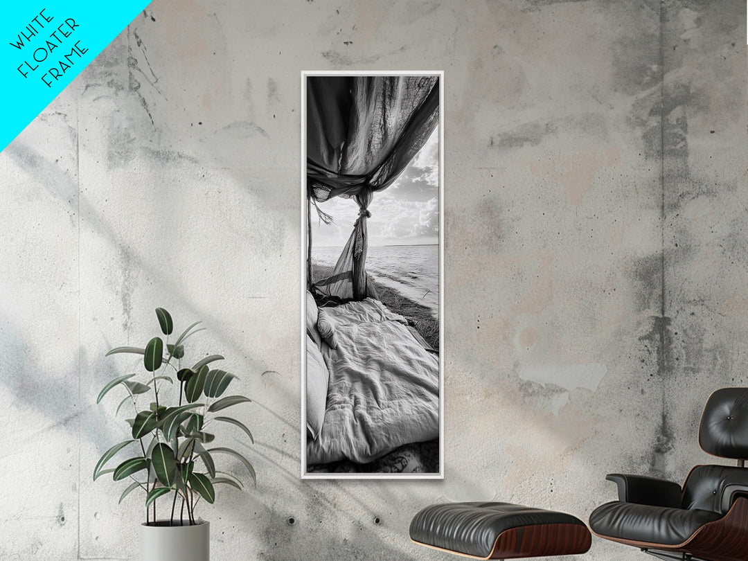 Coastal Bed View, Ocean Canopy, Seaside Rest, Framed Canvas Print, Boho Bedroom Wall Art, Rustic Beach Photography, Nature Retreat Decor