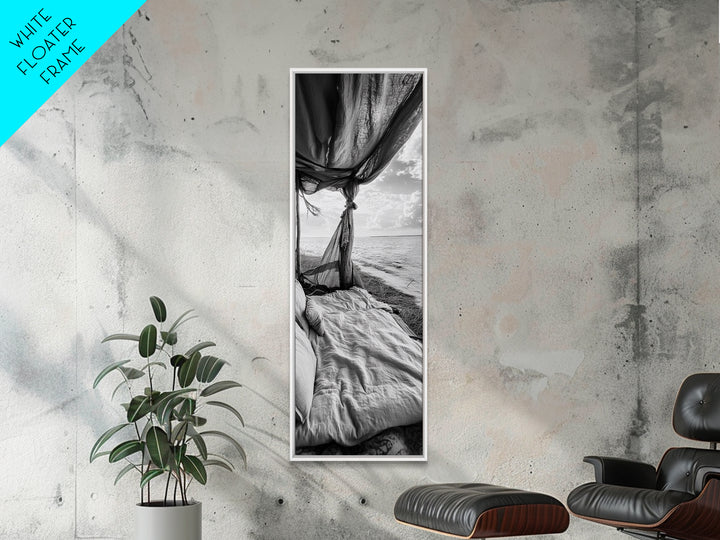 Coastal Bed View, Ocean Canopy, Seaside Rest, Framed Canvas Print, Boho Bedroom Wall Art, Rustic Beach Photography, Nature Retreat Decor