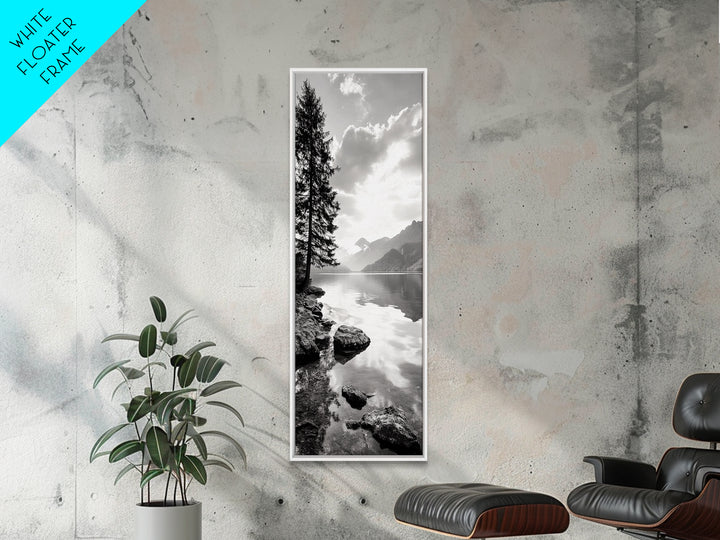 Mountain Lake Peace, Still Water View, Nature Escape, Framed Canvas Print, Living Room Wall Art, Nordic Cabin Decor, Minimal Landscape