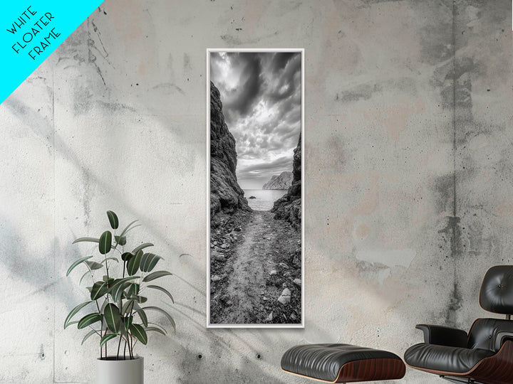 Rocky Pathway, Seaside Trail, Cloudy Horizon, Framed Canvas Print, Moody Coastal Wall Art, Nature Inspired, Monochrome Travel Decor