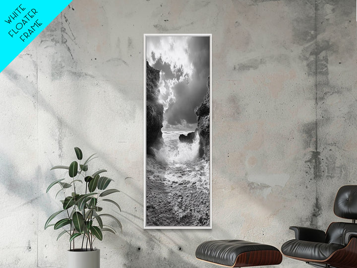 Wave Crash Rocks, Ocean Drama Scene, Moody Beach Photography, Coastal Kitchen Decor, Framed Canvas Print, Nautical Wall Art