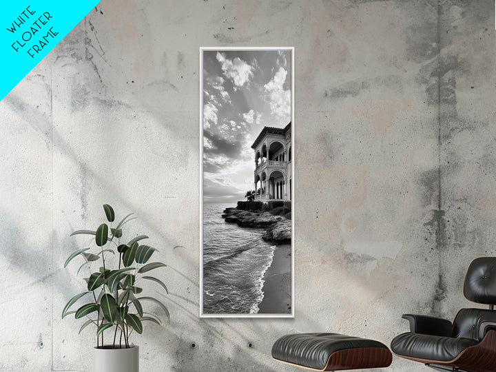 Italian Villa Coast, Seaside Architecture Print, Elegant Travel Decor, Framed Canvas Print, Dining Room Wall Art, Monochrome