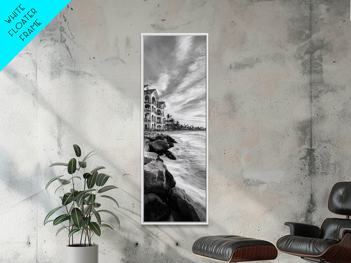 Coastal Resort Scene, Waves Rocks Hotel, Tropical Vacation Art, Beach House Wall Decor, Canvas Print, Living Room Style, Coastal Minimalist