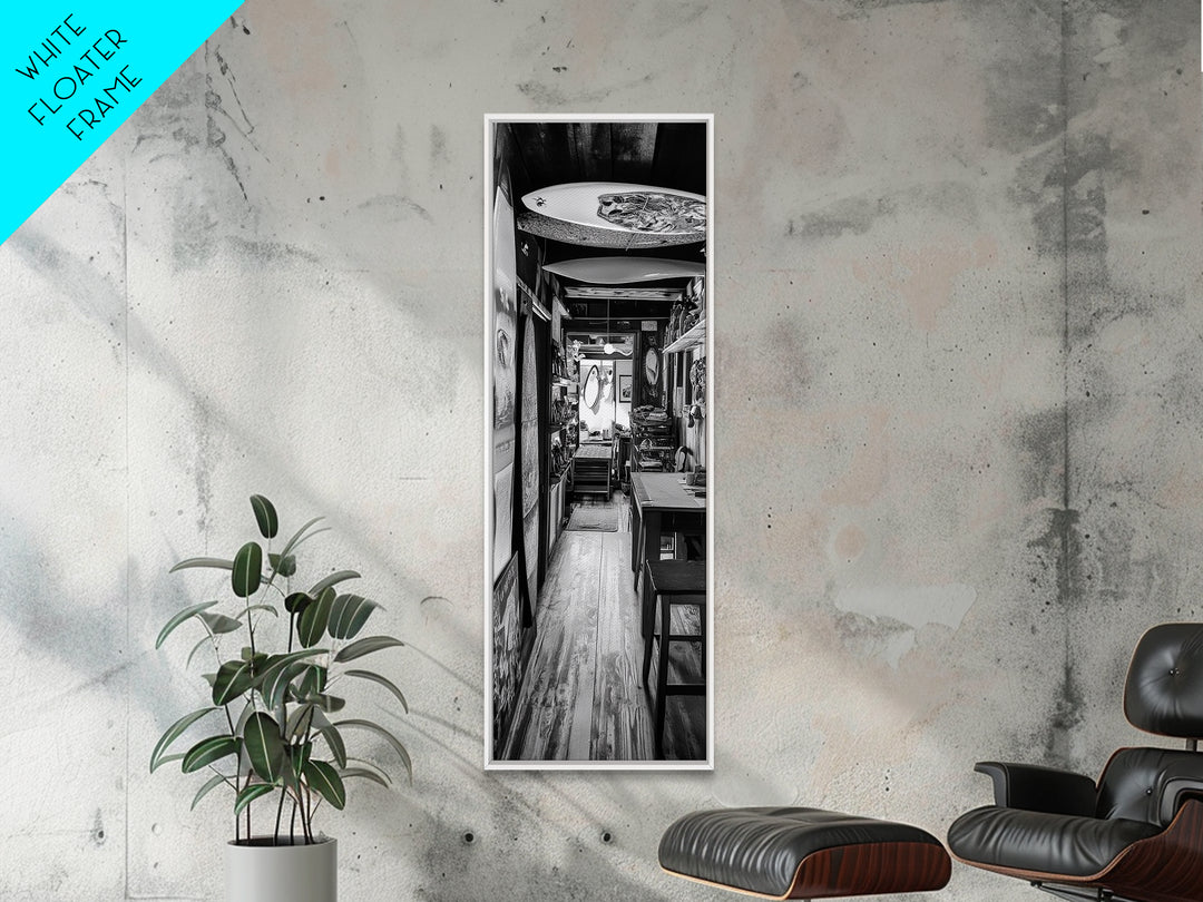 Surfboard Shop Hallway, Rustic Surf Decor, Beach Lifestyle Print, Framed Canvas Print, Man Cave Wall Art, Coastal Boho Vibes, Cabin Wall Art