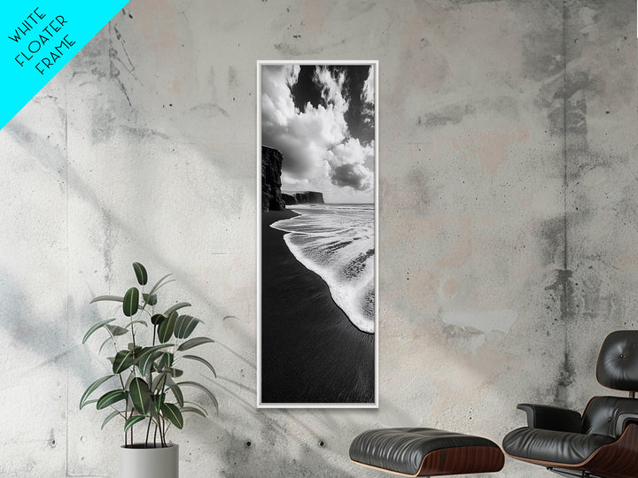 Shoreline Edge, Ocean Waves, Coastal Horizon, Framed Canvas Print, Black and White Beach Art, Bathroom Art, Entryway Wall Decor