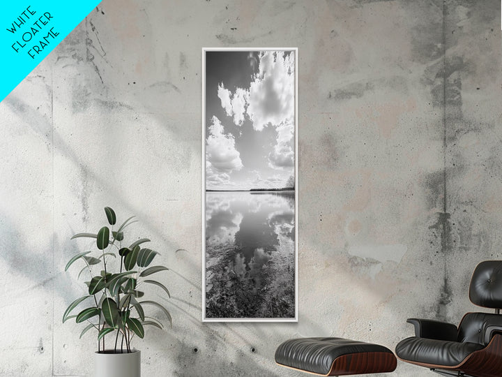 Lake Reflection, Calm Waters, Cloudy Sky, Minimalist Landscape, Framed Canvas Print, Neutral Living Room Art, Tranquil Nature Scene