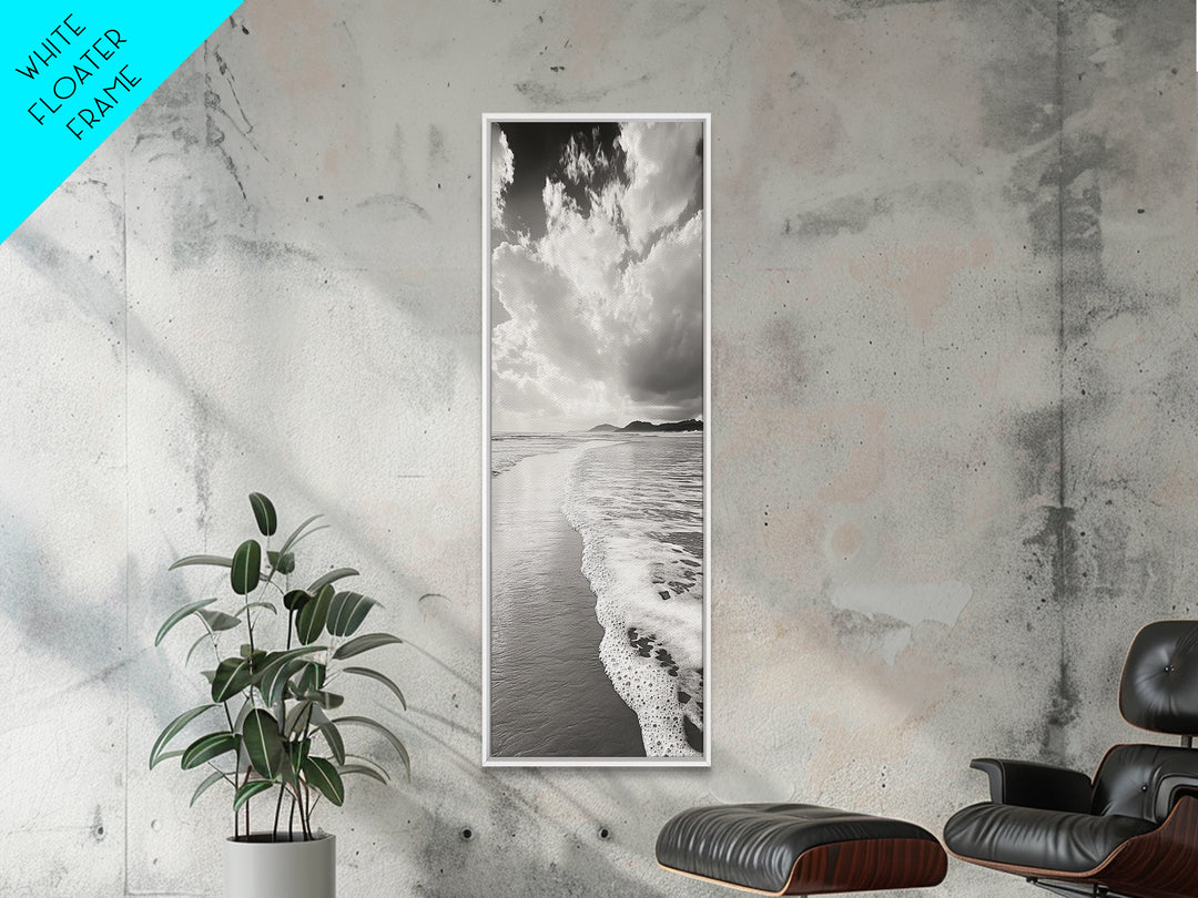 Beach Horizon, Ocean Calm, Foamy Shore, Black White Coastal Art, Canvas Print, Bathroom Decor, Peaceful Coastal Minimalist Style
