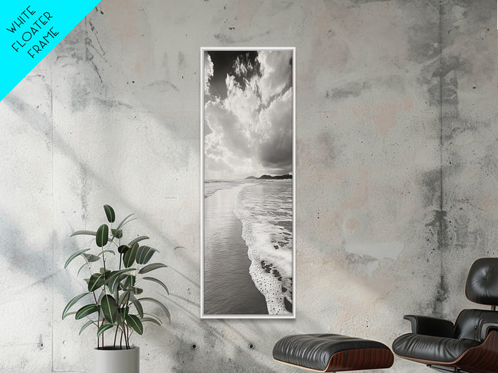 Beach Horizon, Ocean Calm, Foamy Shore, Black White Coastal Art, Canvas Print, Bathroom Decor, Peaceful Coastal Minimalist Style