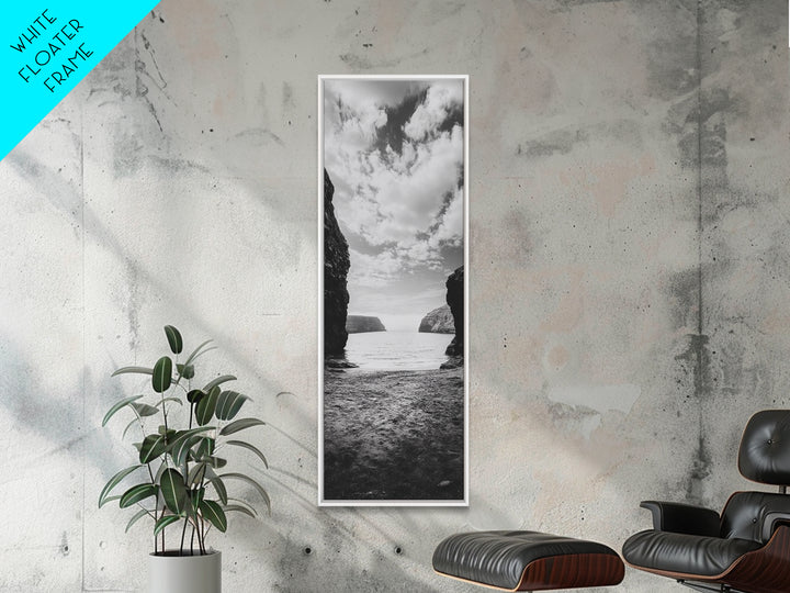 Seaside Cliffs, Ocean Gateway, Tranquil Cove, Framed Canvas Print, Nautical Wall Art, Modern Coastal Decor, Neutral Beach Style