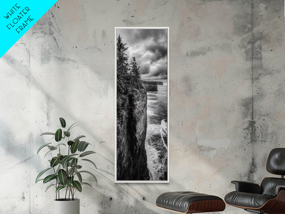 Cliff Coastline, Moody Ocean, Pine Trees, Dramatic Nature Scene, Canvas Print, Cabin Wall Art, Fall Coastal Photography, Rustic Decor