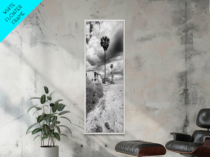 Palm Beach, Coastal Homes, Overcast Sky, California Vibe, Framed Canvas Print, Neutral Beach House Wall Art, Minimalist Seaside Style