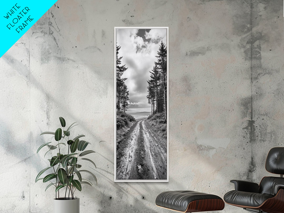 Coastal Forest Path, Nature Trail, Ocean View, Black and White, Framed Canvas Print, Entryway Wall Art, Rustic Decor, Landscape Photography