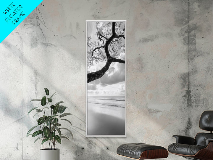 Ocean Tree View, Beach Horizon, Minimal Branches, Framed Canvas Print, Coastal Living Room Art, Neutral Decor, Zen Nature Photography