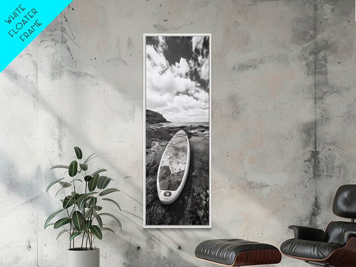 Surfboard Still, Rocky Shore, Beach Vibes, Framed Canvas Print, Coastal Bathroom Wall Art, Minimalist Beach Decor, Summer Style