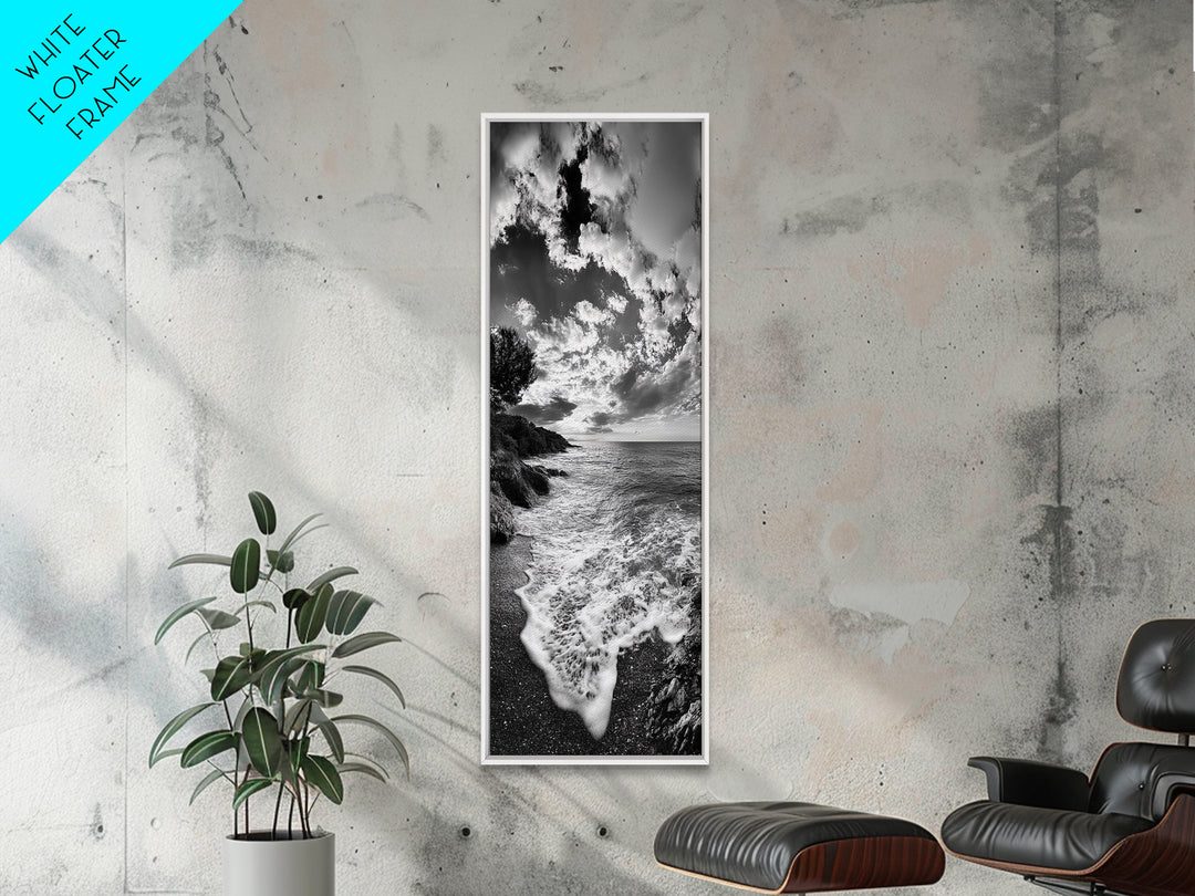 Rocky Coastline, Ocean Foam, Sunset Glow, Framed Canvas Print, Nautical Wall Art, Beach House Decor, Moody Seascape Photography