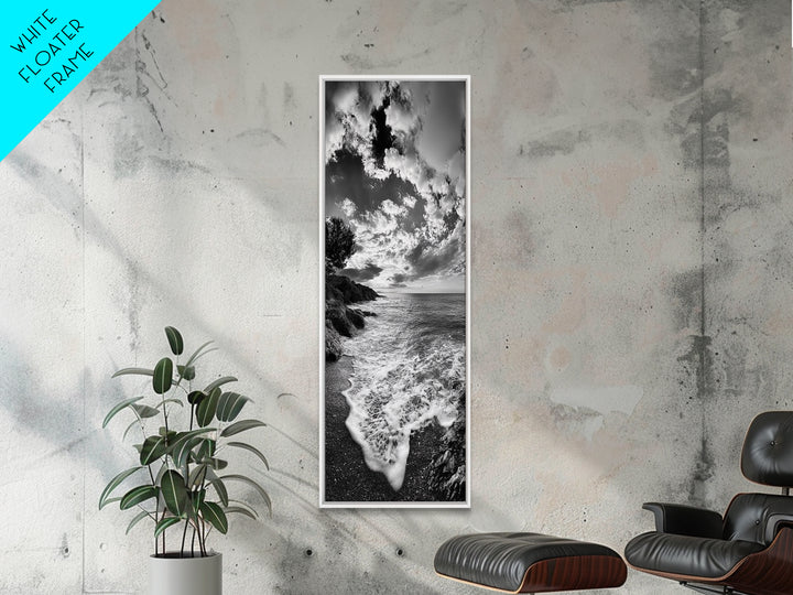 Rocky Coastline, Ocean Foam, Sunset Glow, Framed Canvas Print, Nautical Wall Art, Beach House Decor, Moody Seascape Photography