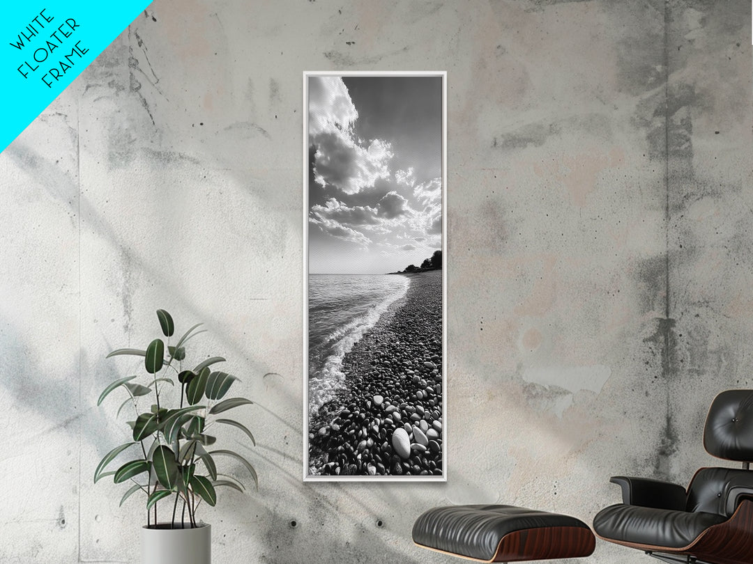 Pebble Beach, Gentle Waves, Coastal Calm, Framed Canvas Print, Minimalist Bathroom Wall Art, Nature Texture Decor, Seaside Zen, Office Wall Art