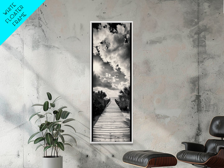 Boardwalk Path, Coastal Sunset, Palm Trees, Framed Canvas Print, Beach Walkway Wall Art, Entryway or Living Room Coastal Decor