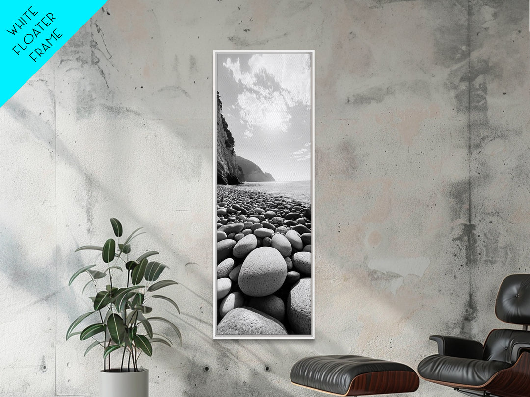 Rocky Beach View, Ocean Horizon, Sunrise Light, Framed Canvas Print, Relaxing Bedroom Wall Art, Modern Coastal Photography, Bathroom Wall Art
