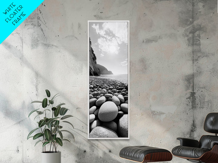 Rocky Beach View, Ocean Horizon, Sunrise Light, Framed Canvas Print, Relaxing Bedroom Wall Art, Modern Coastal Photography, Bathroom Wall Art