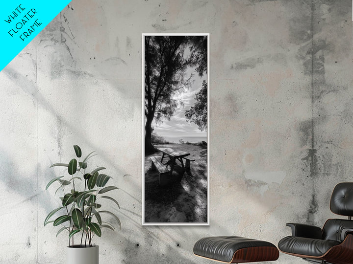 Seaside Picnic Spot, Tranquil Coastal Scene, Nature Landscape, Framed Canvas Print, Dining Room Print, Beach House Wall Art, Hallway Decor