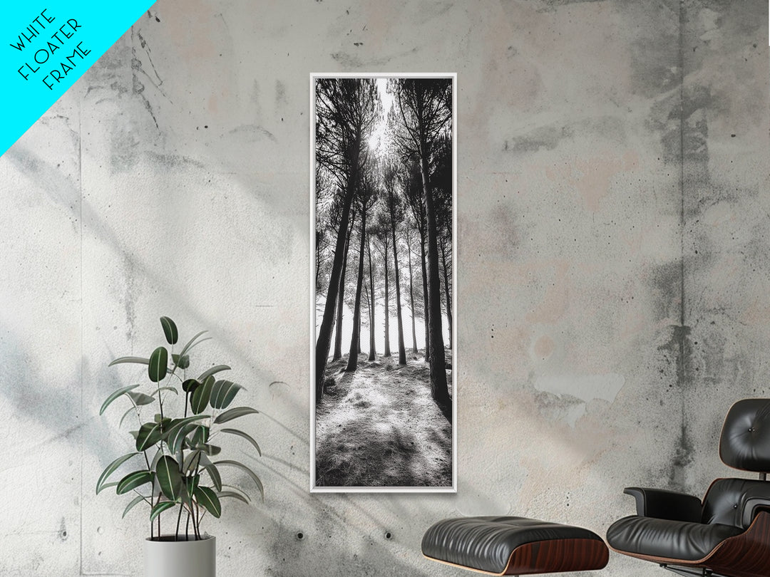 Pine Forest Glow, Woodland Landscape, Monochrome Nature, Boho Style, Framed Canvas Print, Entryway Print, Living Room Wall Art, Game Room Art