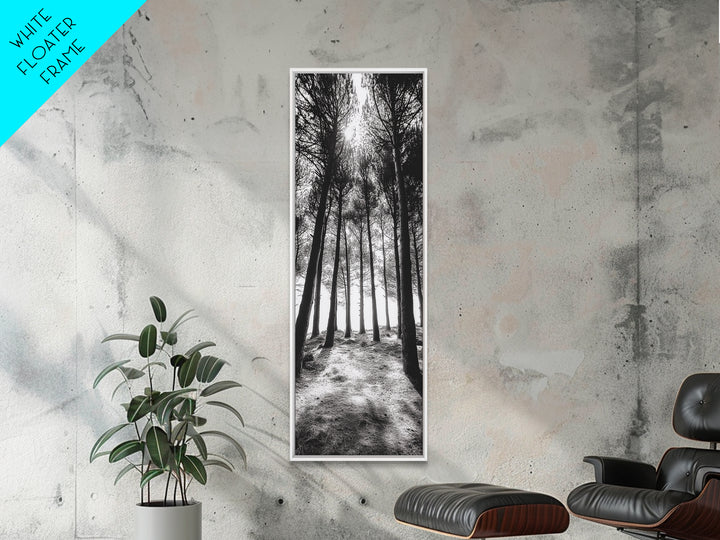 Pine Forest Glow, Woodland Landscape, Monochrome Nature, Boho Style, Framed Canvas Print, Entryway Print, Living Room Wall Art, Game Room Art