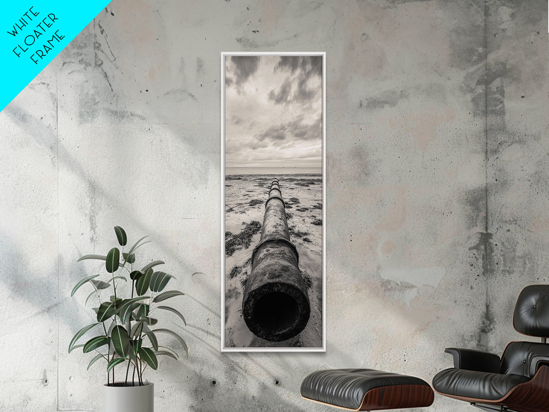 Rusted Pipe Beach, Industrial Coastal Vibe, Grunge Seascape, Framed Canvas Print, Urban Loft Art, Bathroom Wall Art, Office Wall Art